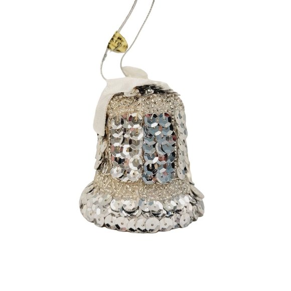 Vintage HTF RARE Silvistri Beaded Sequence Silver Bell Ornament Hand Made - Picture 1 of 6